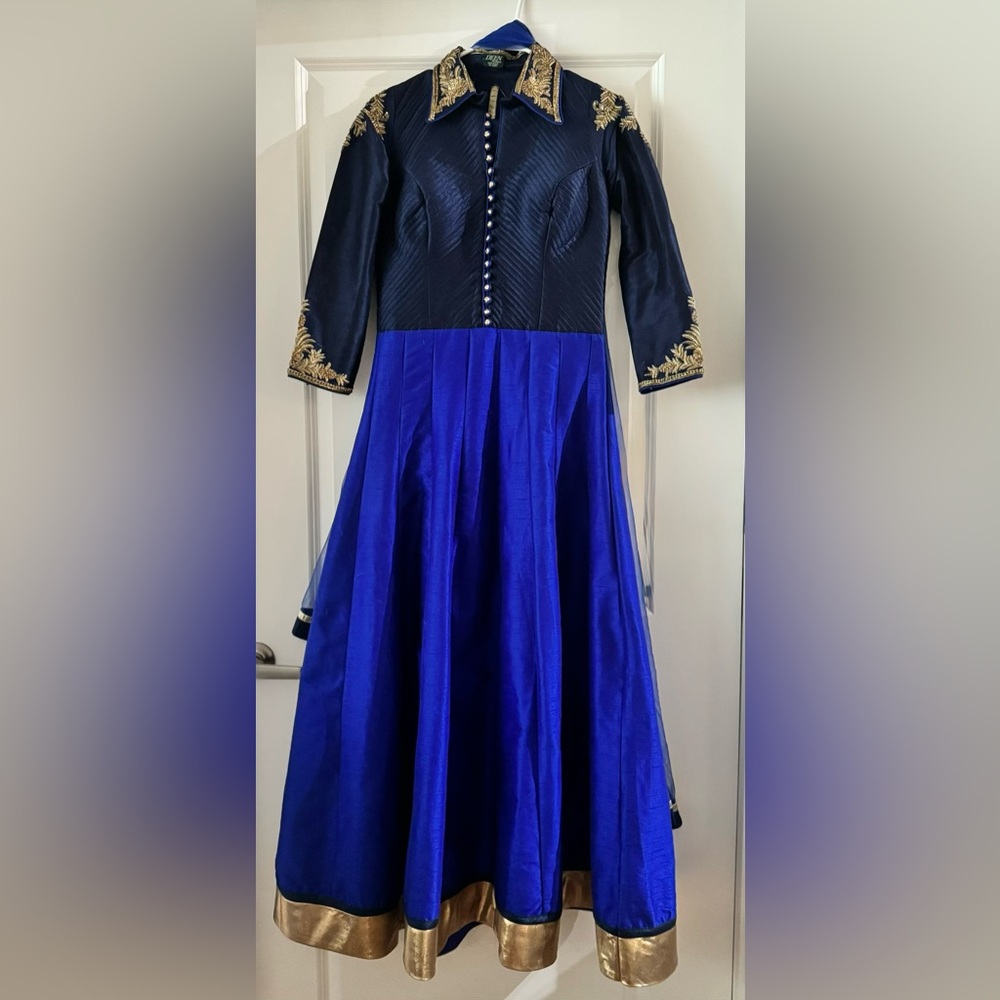 Elegant Blue and Gold Embroidered Dress